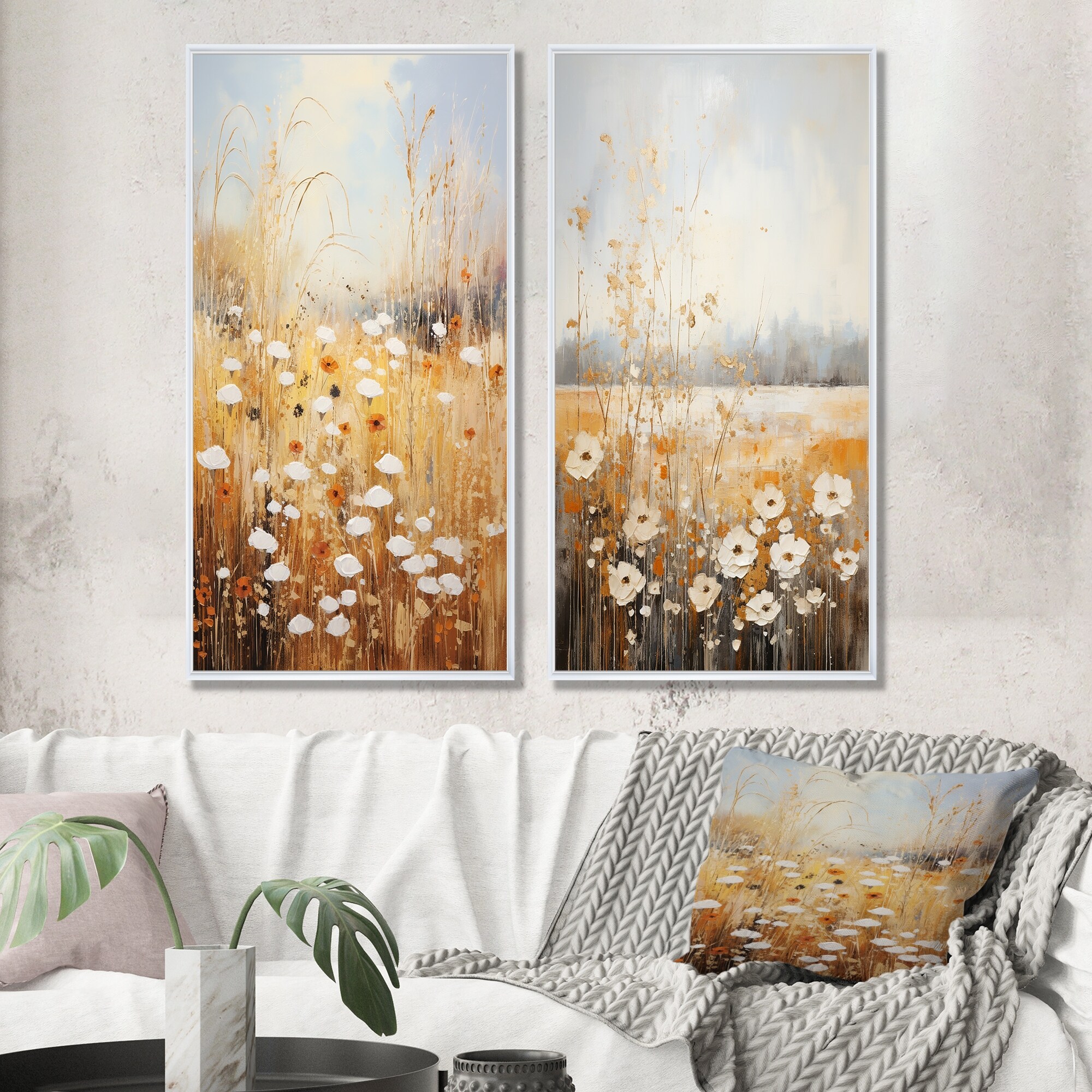 Designart "Meadow Of Dreams" Meadow Framed Art Set Of 2 - Traditional Wall Art Set beige Wall Decor 2 Pieces