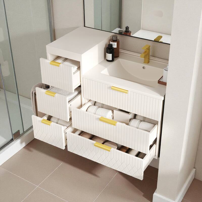 24" Wall Mounted Floating Bathroom Vanity with Side Cabinet, Modern Rectangular Sink with Overflow and Single Faucet Hole