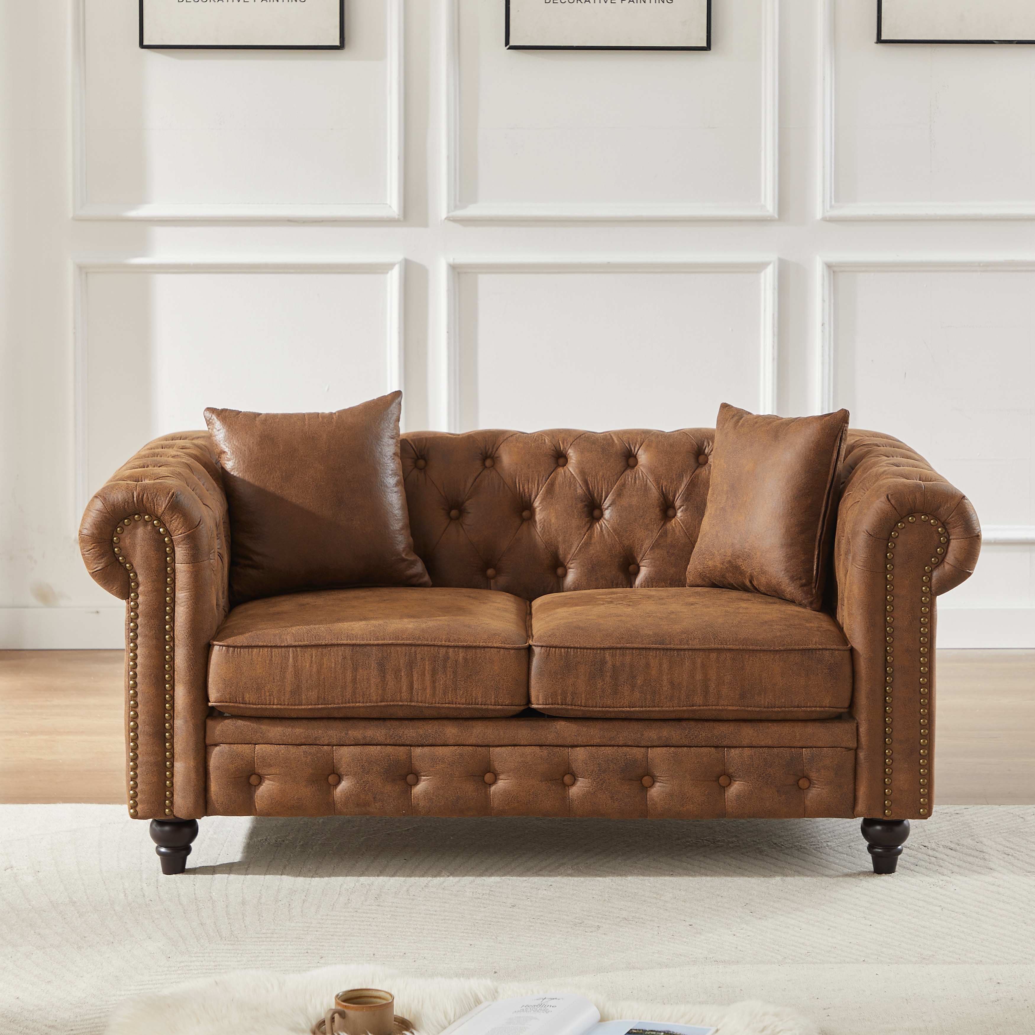 63.5" Classic Chesterfield Sofa, Tech Fabric Button Design, 2-Seat, High-Density Foam & Legs