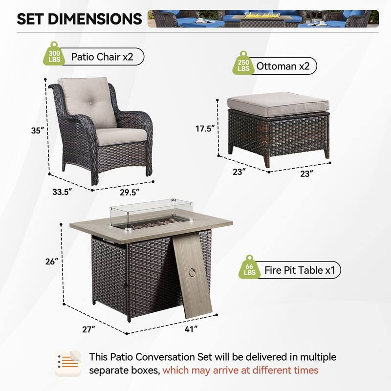 Fire Pit Table with Patio Chairs Ottomans Brown-Beige - Brown