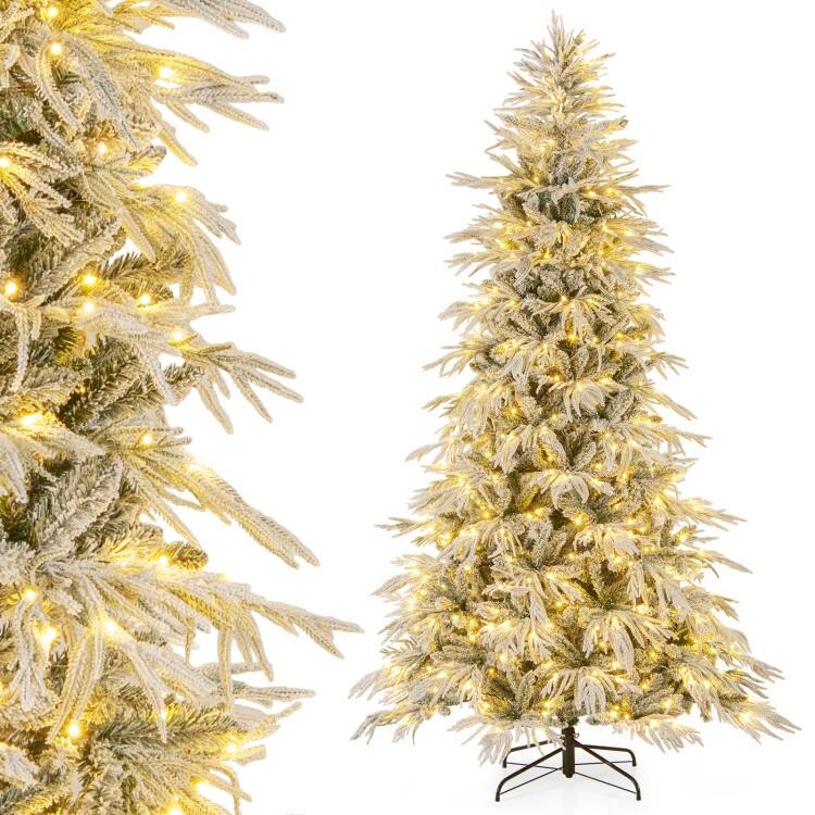 Pre Lit Snow Flocked Artificial Christmas Tree with Warm White LED Lights and Metal Stand
