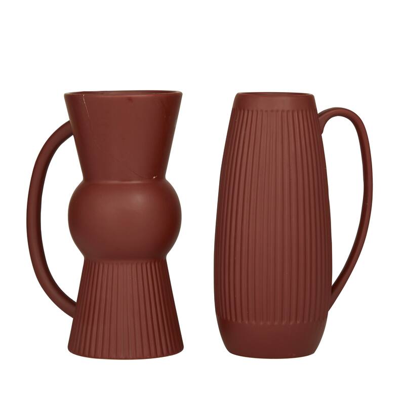 Red Ceramic Ribbed Decorative Vase with Handles (Set of 2)