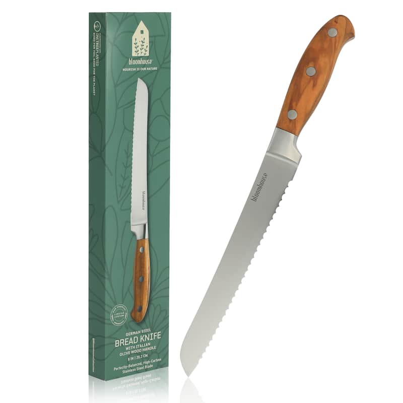 Bloomhouse 8 Inch German Steel Bread Knife W/ Italian Olive Wood Forged Handle