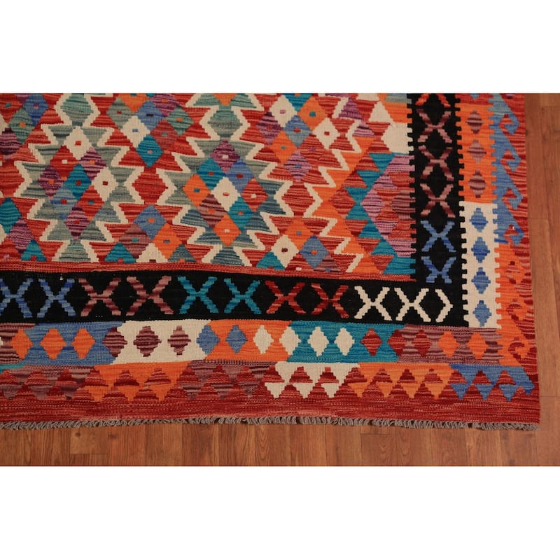 All-Over Geometric Kilim Oriental Area Rug Flatweave Wool Carpet - 8'7"x 11'4"