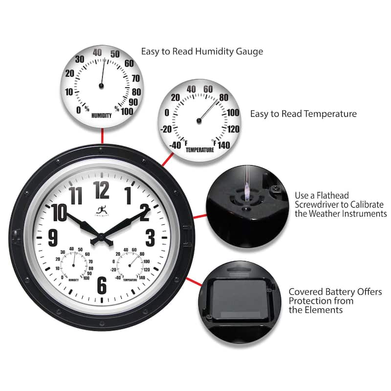 Forecaster Indoor/Outdoor Patio Garden 16 inch Wall Clock Thermometer by Infinity Instruments - 16 x 2.25 x 16