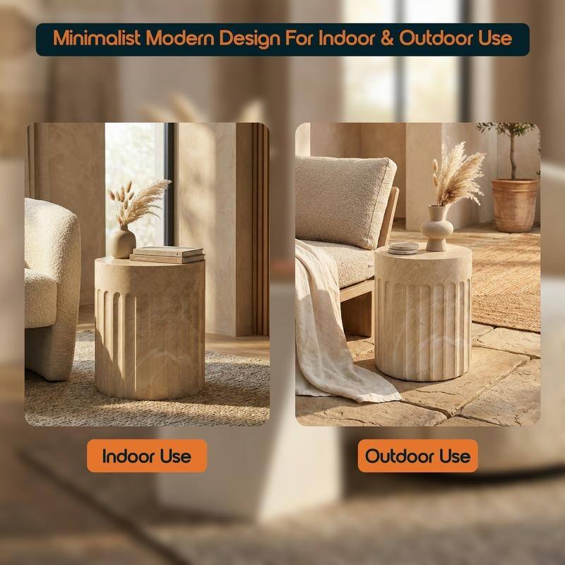 Zenvio Modern Cylindical Marble Side Table with Accent Painted Finish and Vertical Grooves for Living Room, Bedroom or Patio