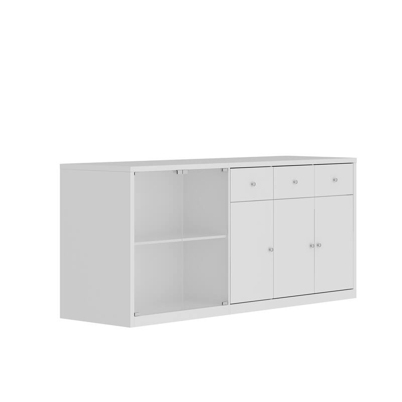 Modern Kitchen Island Buffet Cabinet with Storage Drawers and Tempered Glass Shelves, White Sideboard Cupboard