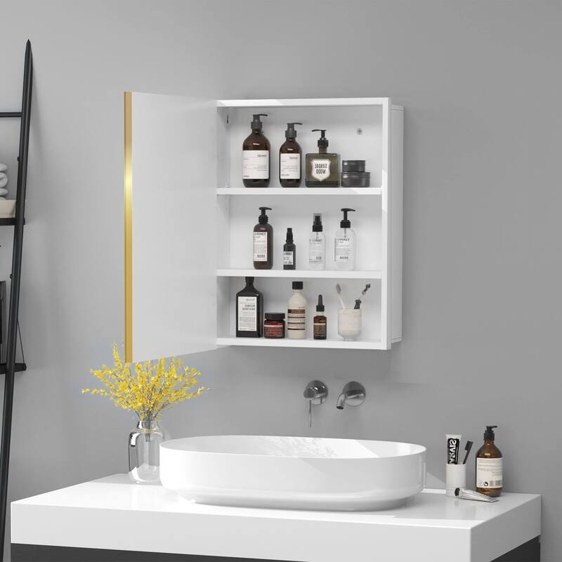 Wall-Mounted or Recessed Bathroom Medicine Cabinet with Mirror, White Iron Powder Material, Removable Shelves - 4.9X16 in - 4.9X16 in - Gold+White + Iron