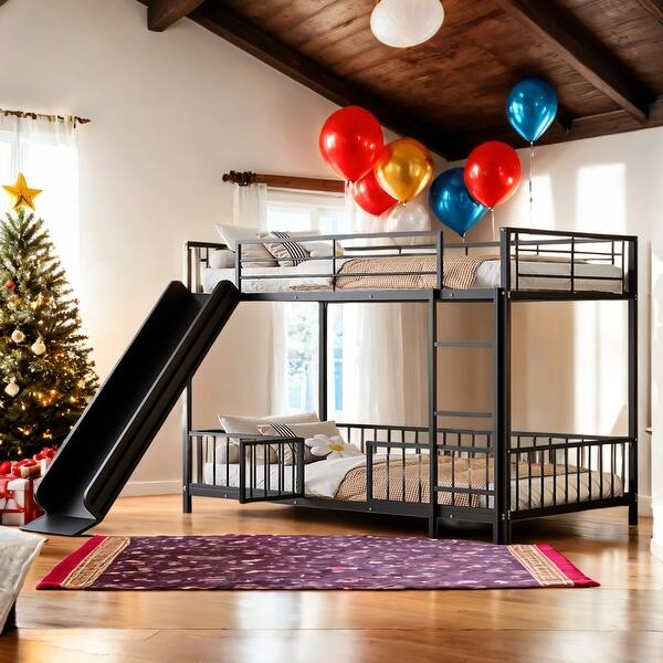 slide 2 of 20, Unique Metal Twin over Twin Size Bunk Bed with Slide and Guardrails,Kids Bed Design