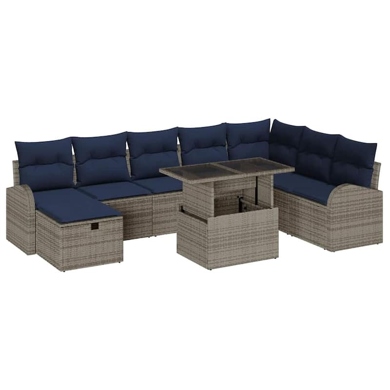 vidaXL 9 Garden Sofa Set with Cushions Black/Brown/Grey Poly Rattan - 113.8 x 70.5 x 27.2