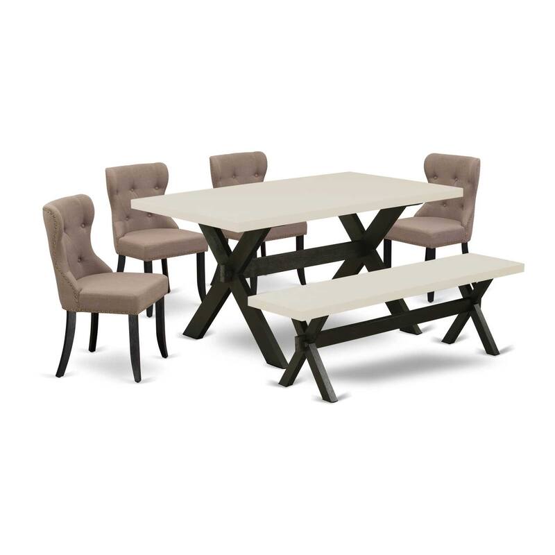HomeStock 6-Pc Rectangle Natural Oak Finish Solid Wood Top Dining Table with 1-Bench, 4-Chairs
