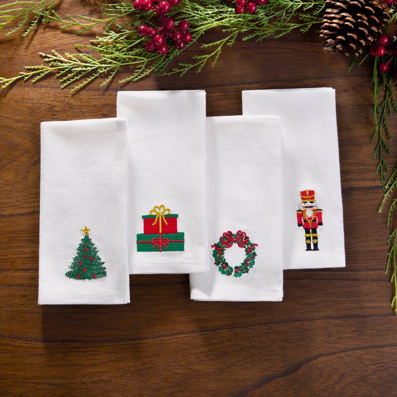 Holiday Embroidered Cotton Napkins, Set of 4 - 17x17
