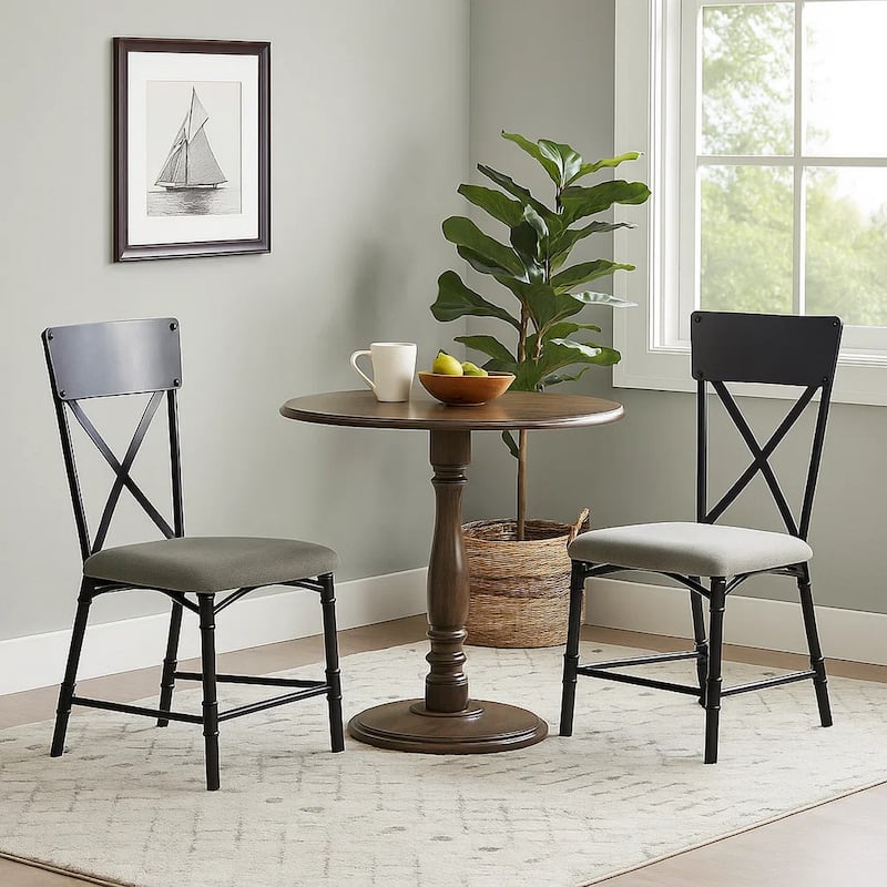 21 Inch Metal Dining Side Chair, Fabric Seat, X Back, Set of 2, Gray