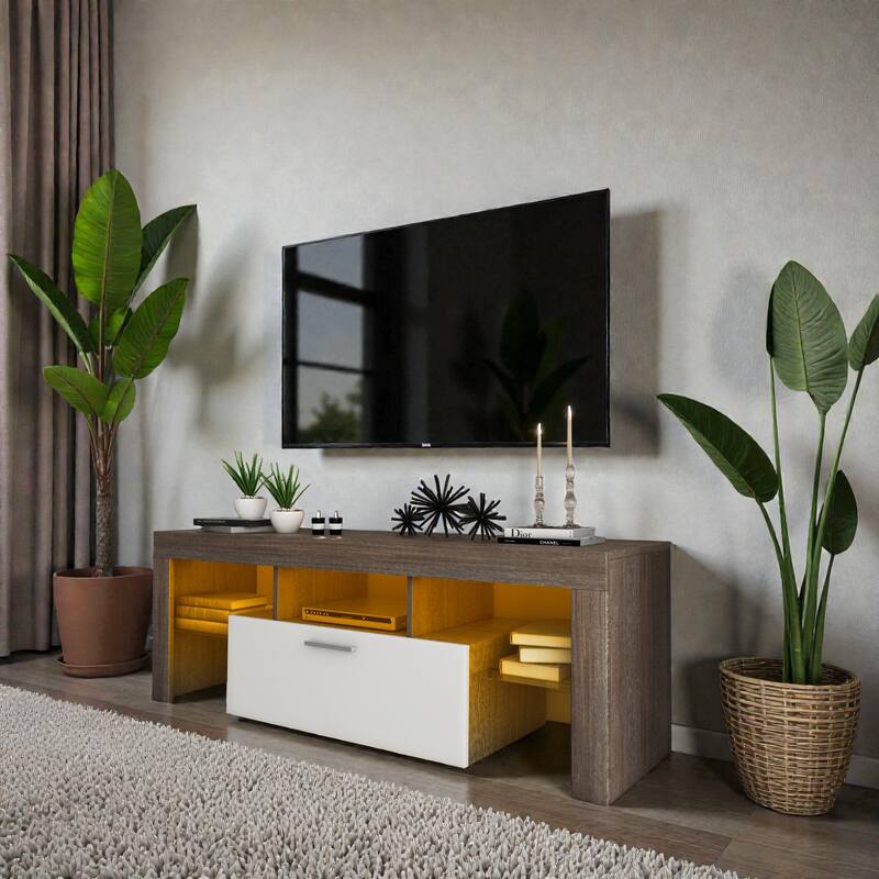 Modern Brown & White TV Stand with LED Lights, 51" Media Console for 55" TV, Toughened Glass Shelf & Quick Assembly