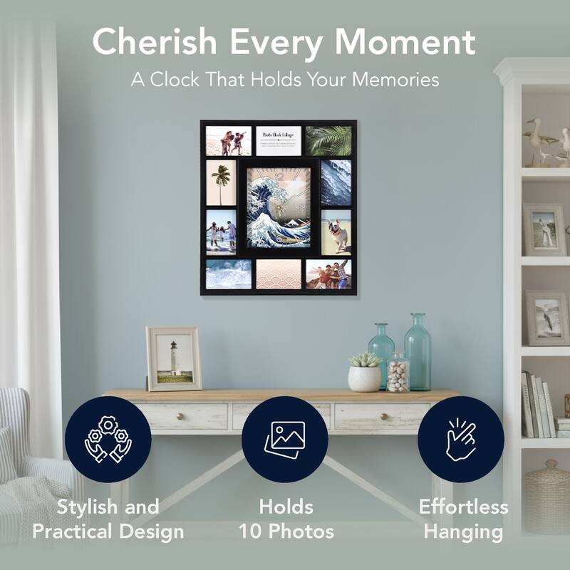 American Art Decor Picture Frame Collage Wall Clock 12 Photo Display Slots