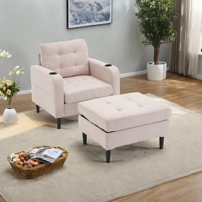 Upholstered Armchair and Ottoman Set with Storage, Cup Holders, and Tufted Detailing
