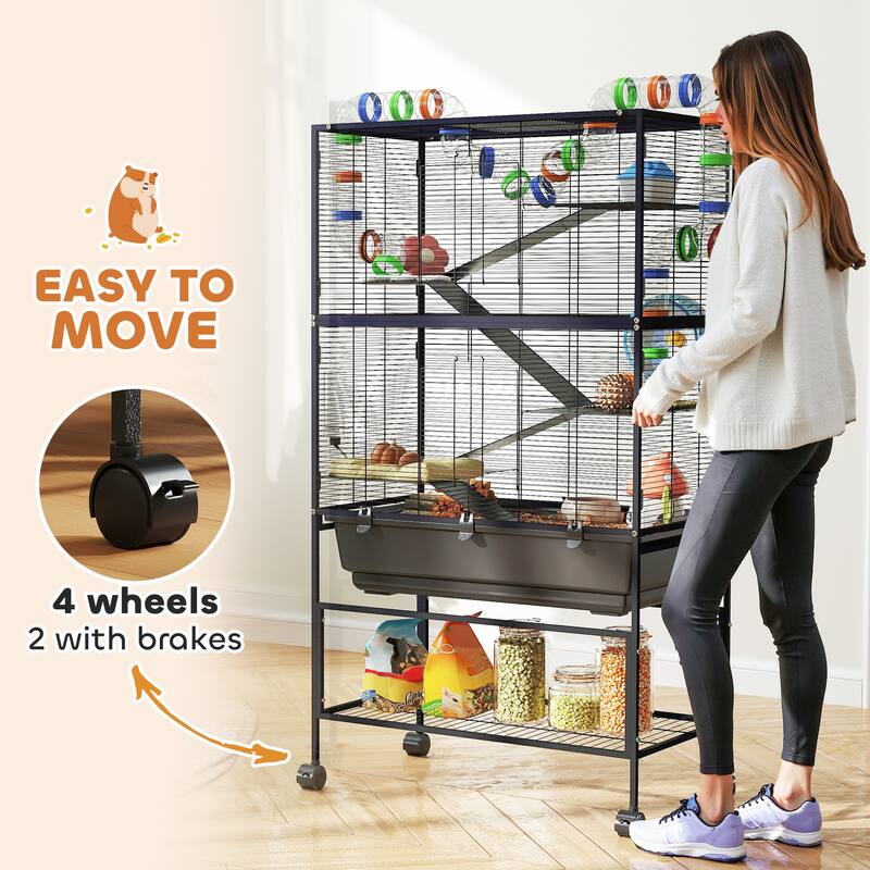 Five-Tier Hamster Tank with Wheels, Storage Shelf and Accessories - 32.3" L x 18.1" W x 59.1" H