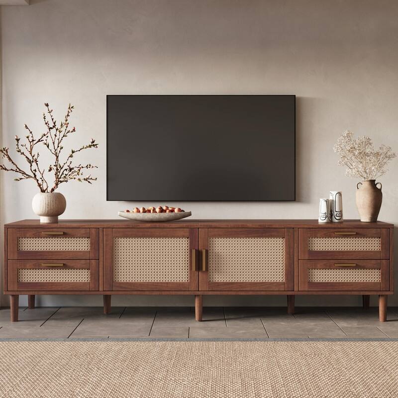 78" TV Stand for TVs up to 85", Media Console with 4 Drawers, Solid Wood Legs & Soft-Closing Hinges