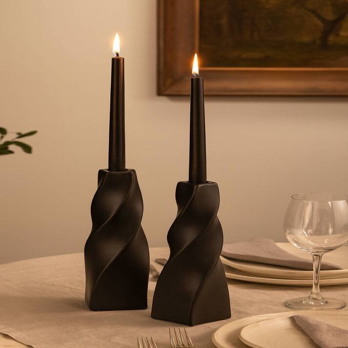 Black Tall Curvy Taper Candlesticks Set of Two Ceramic Decor