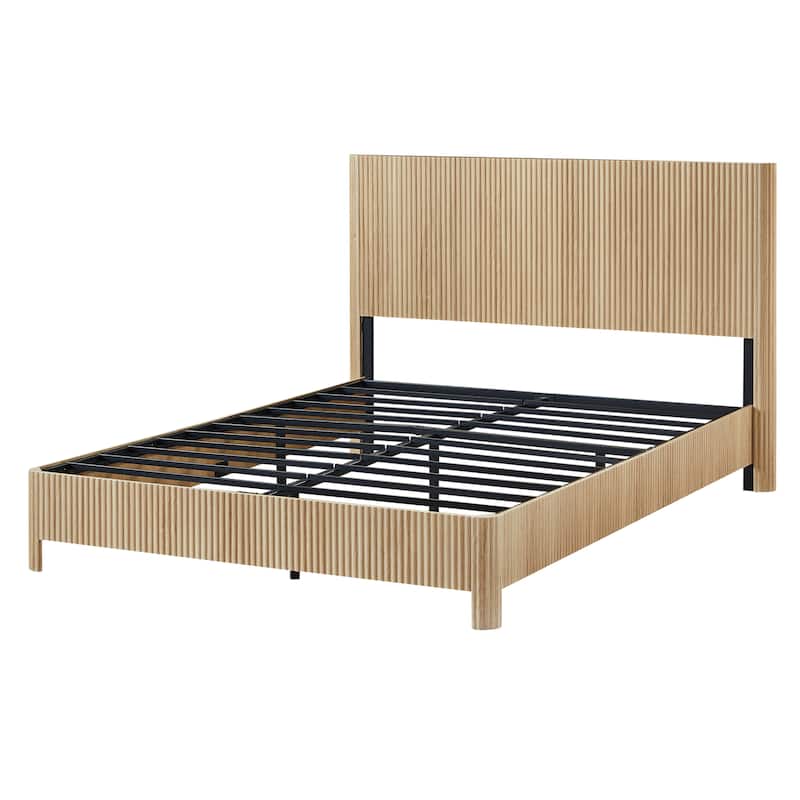 Farmhouse Style Platform Bed Frame, Wooden Corrugated Lines Bed Frame with Headboard, Rounded Safety Corners, Noise-Free Design