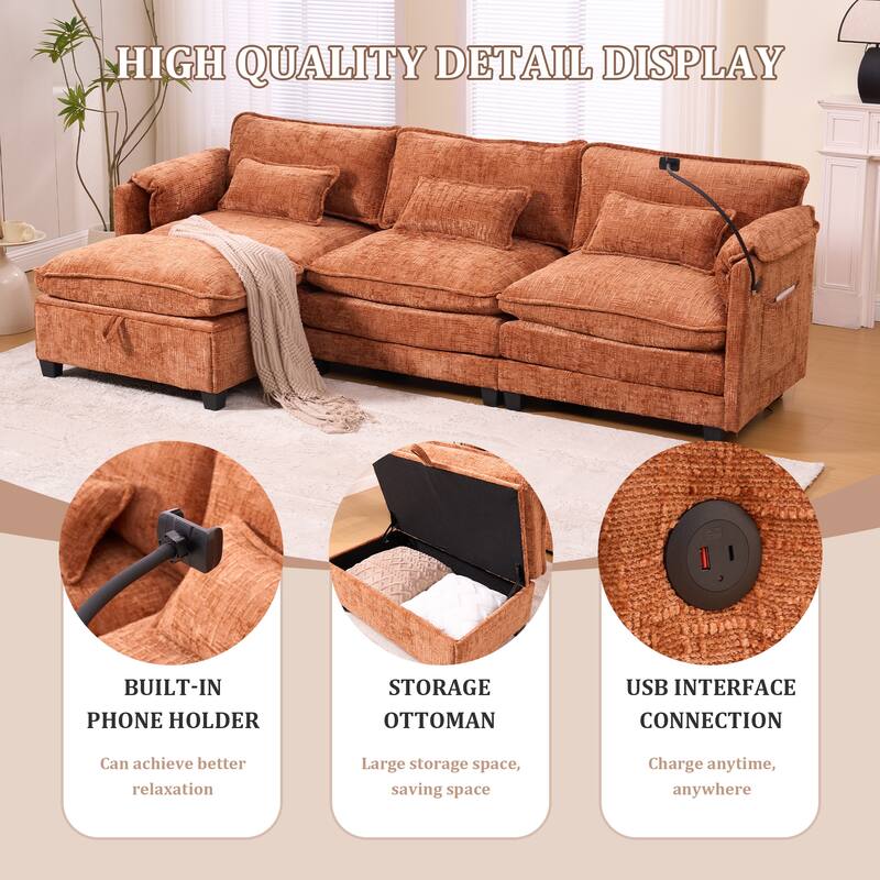 GALDWIN Chenille Upholstered L-shaped Modular Sectional Sleeper Sofa with Movable Storage Ottoman,USB&Type-C