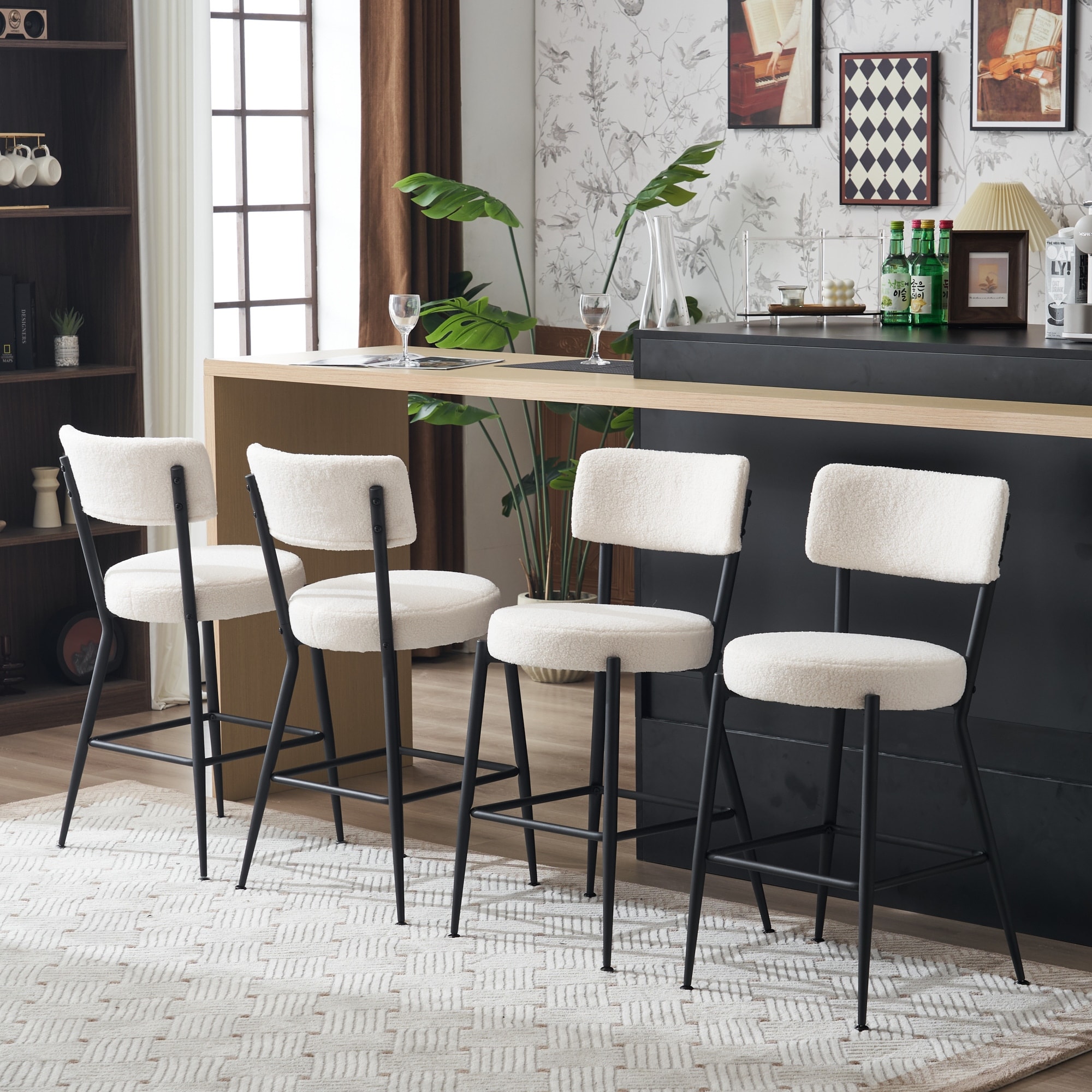 Set of 2 Modern Teddy Fabric Upholstered Bar Stools Metal Base Pub Chairs Set of 2 Barstools with Footrest