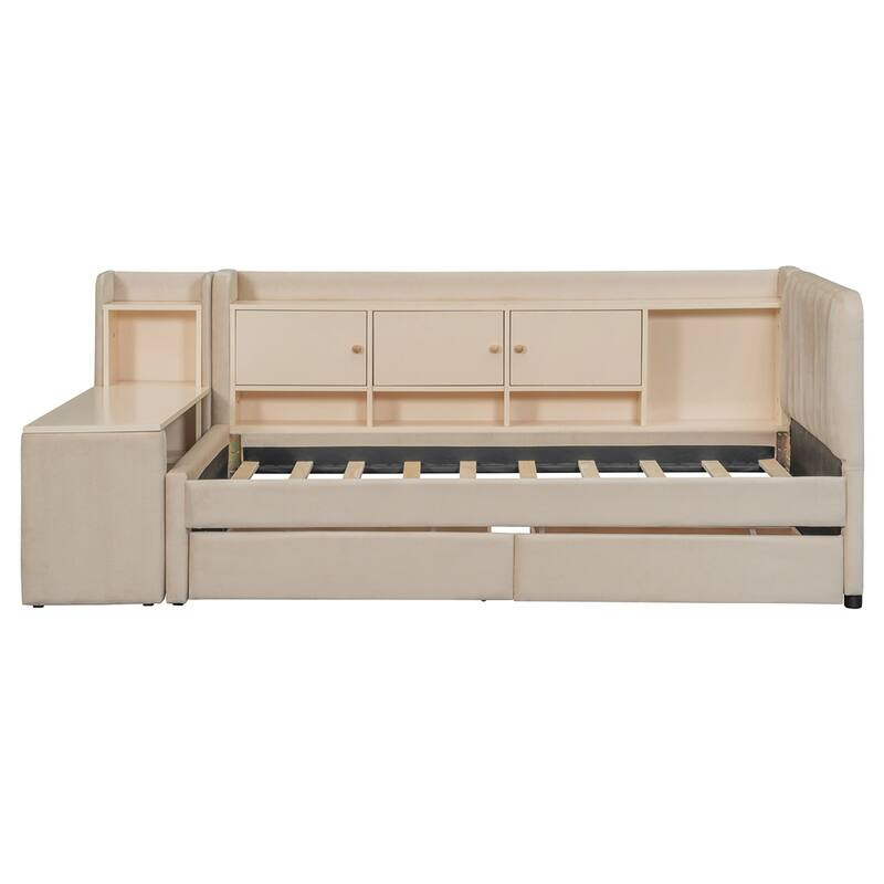 Twin Size Upholstered Daybed with Drawers,Flip Cabinets & Side Table