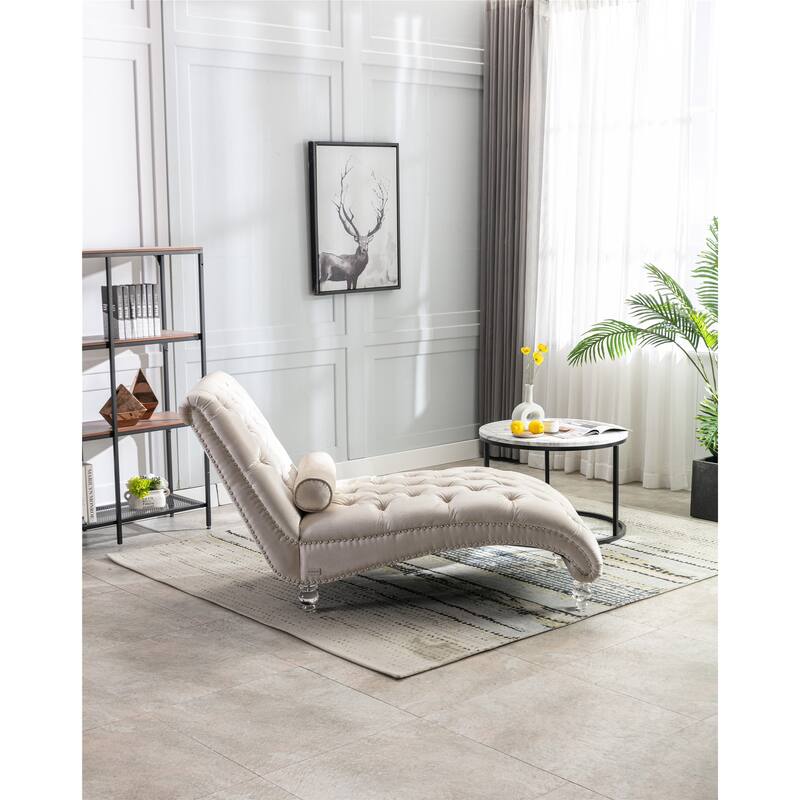 Leisure Concubine Sofa with Acrylic Feet, Traditional Chaise Velvet Barrel Sofa with Lumbar Support Pillow for Living Room