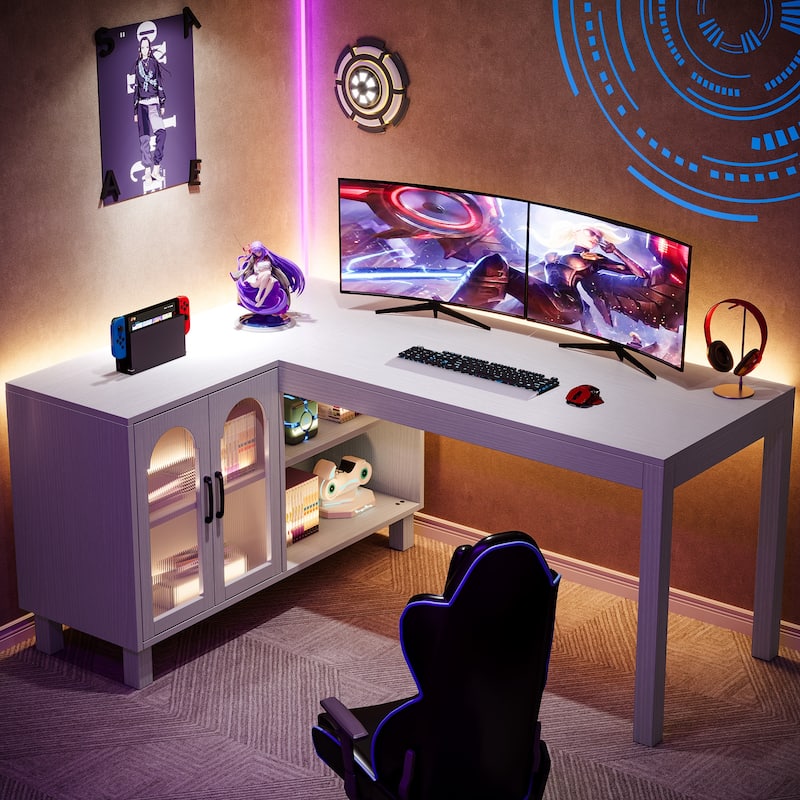 59-Inch Corner Computer Desk with File Cabinet and Shelves, L Shaped Executive Desk for Home Office