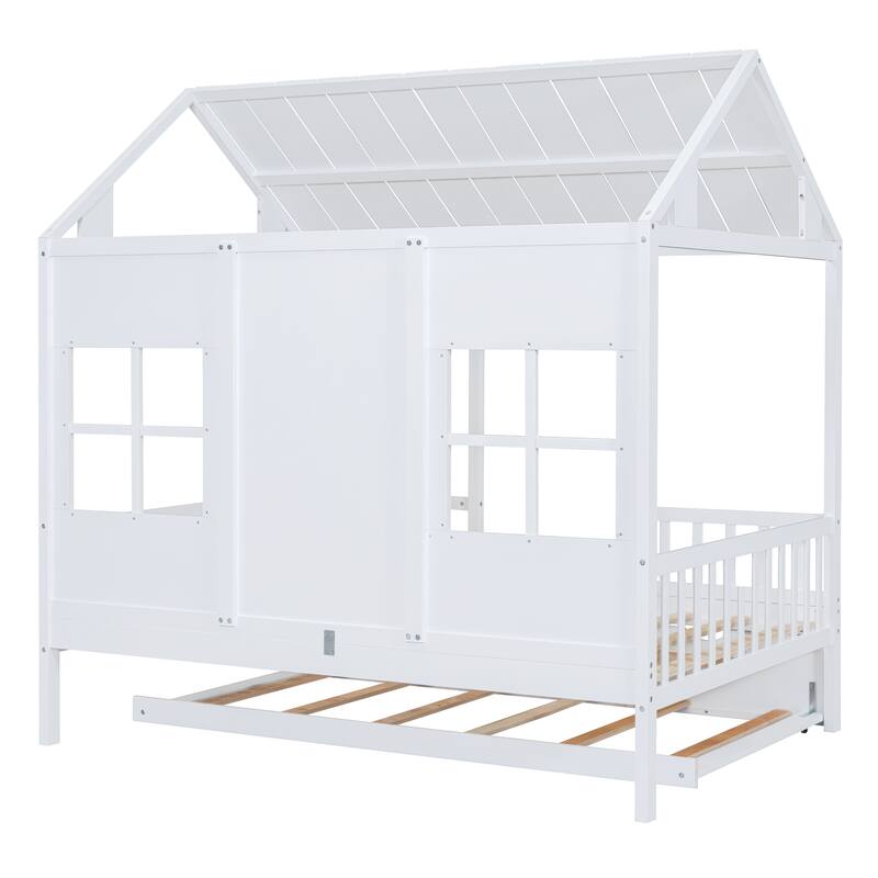 Roomfitters Full/Twin Size Wood House Bed with Twin Trundle, Modern Daybed Frame with Roof Design