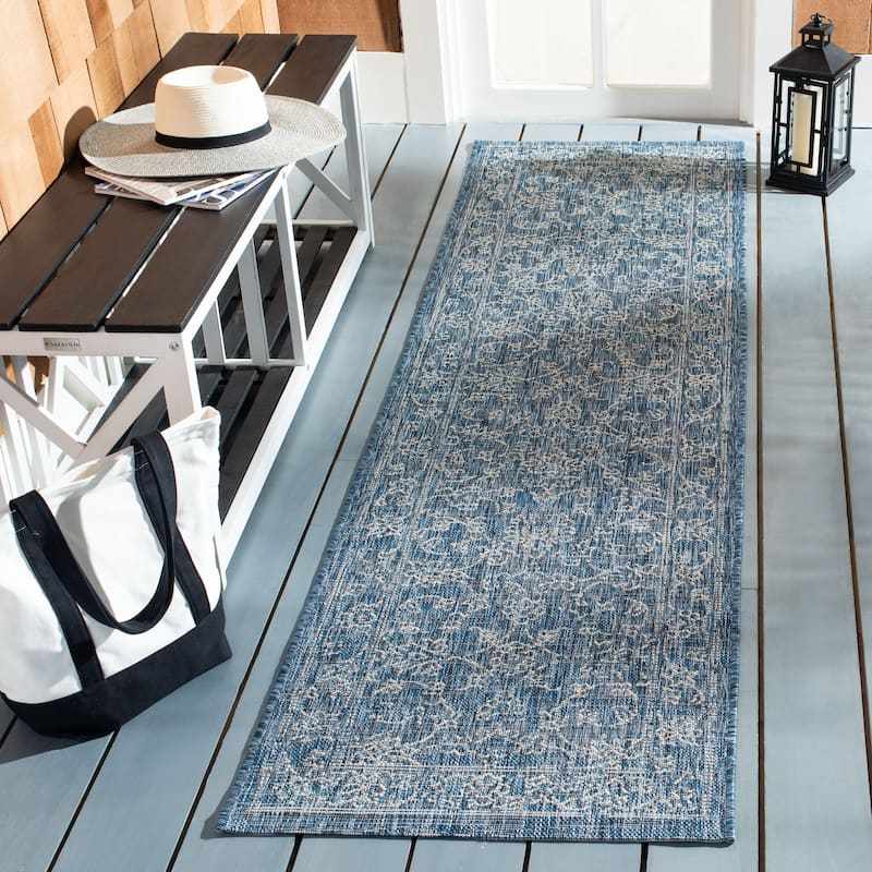 SAFAVIEH Courtyard Aquata Indoor/ Outdoor Waterproof Patio Backyard Rug - 2'3" x 12' Runner - Navy/Ivory