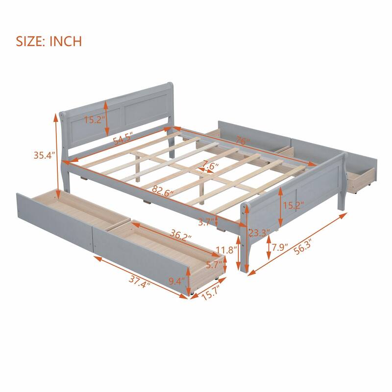 Wood Platform Bed with 4 Drawers and Streamlined Design
