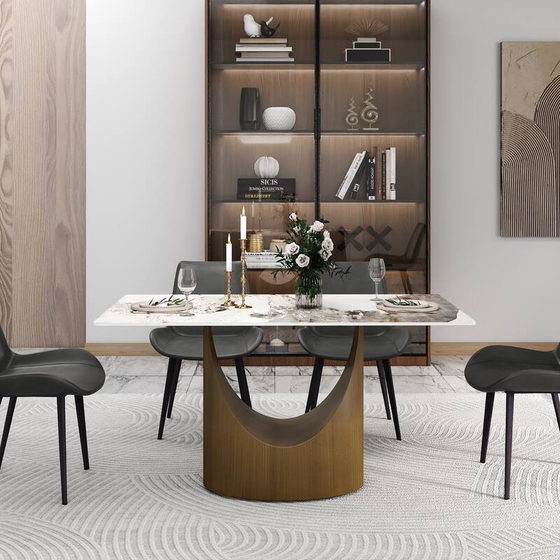 White 55 Inch Sintered Stone Kitchen Table with Solid Carbon Steel Base, Minimalist Sintered Stone Tabletop for Dining Room