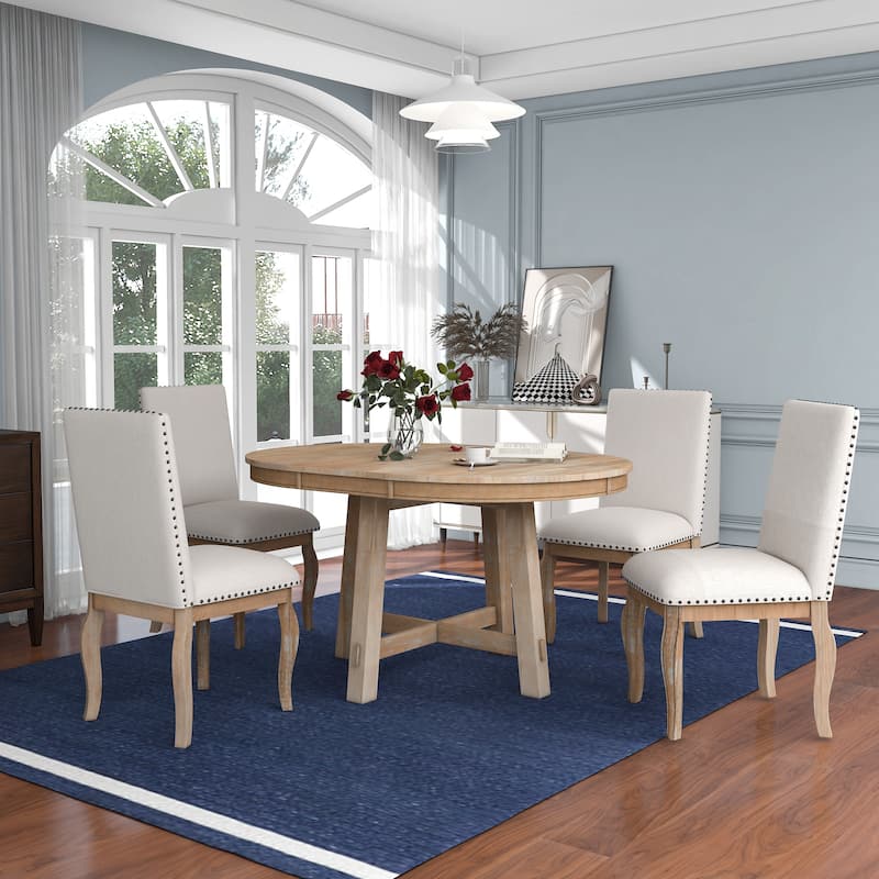 5Piece Farmhouse Dining Table Set Wood Round Extendable Dining Table