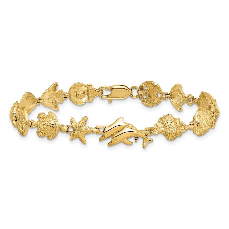 Curata 14k Yellow Gold 7.25" 8.75mm Nautical Sea Shells, Turtles, Starfish Statement Bracelet