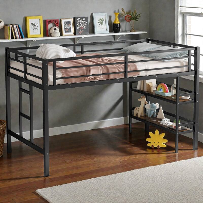 Twin Metal Loft Bed with Storage Shelf, Ladder and Guardrails, Space Saving Loft Bed Frame for Kids - Black - Twin
