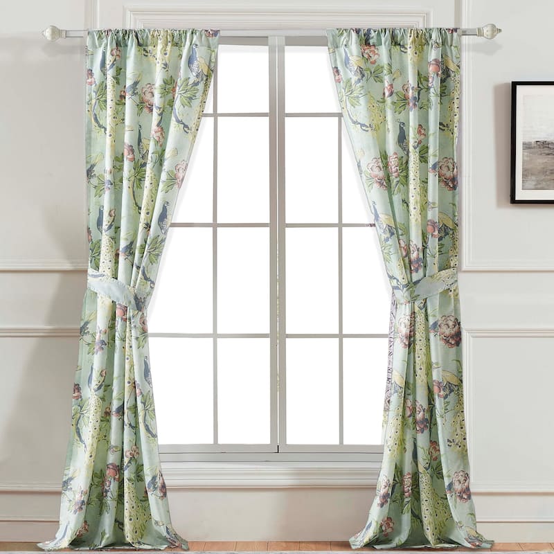Eden 84 Inch Two Window Curtains, Butterflies and Songbirds, Green Microfiber