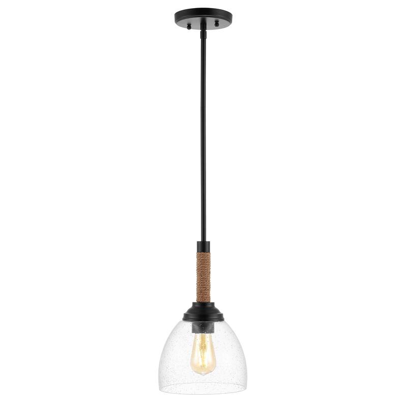 Hampton 7.63" Adjustable Rope-Wrap Modern Rustic Iron/Glass LED Pendant, Black by JONATHAN Y