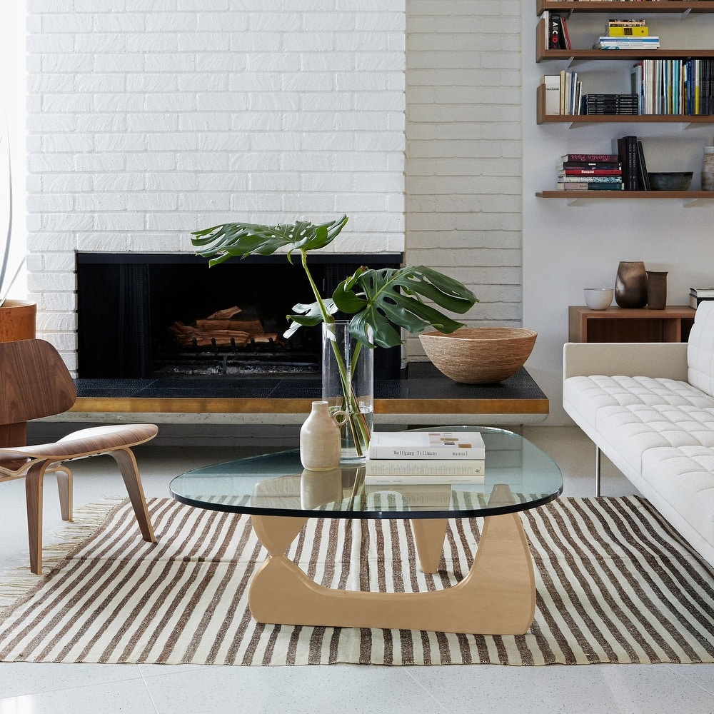 0.78 " Modern Triangle Glass Noguchi Coffee Table Cherry Wood Base