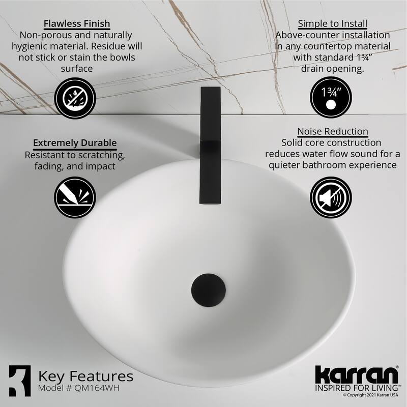 Karran Quattro Matte White Acrylic 21 in. Oval Bathroom Vessel Sink with Faucet and drain in Matte Black