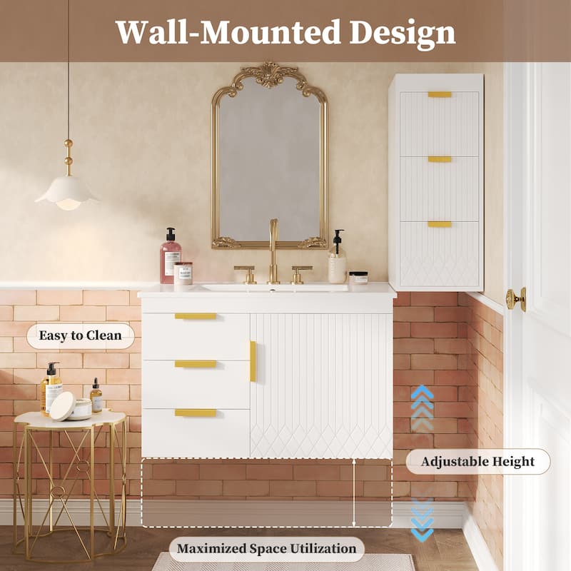 30" Wall Mounted Bathroom Vanity with Sink and Side Cabinet, Modern Floating Bathroom Cabinet with Soft-Close Doors and Drawers
