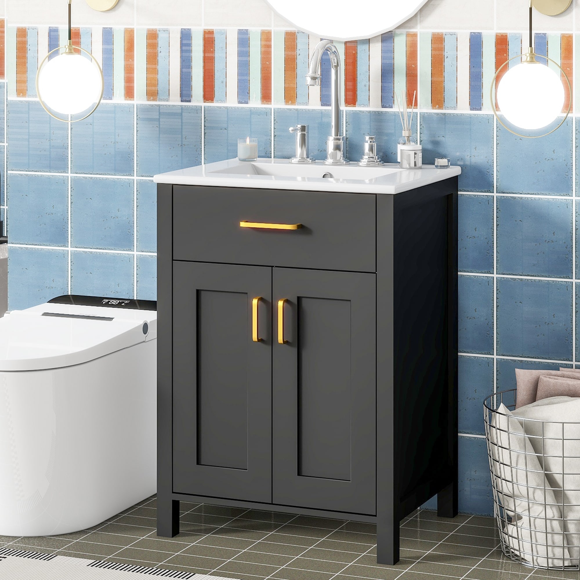 24" Single Sink Bathroom Vanity with Ceramic Wash Basin, Small Wooden Bathroom Storage Cabinet with 2 Soft Close Doors