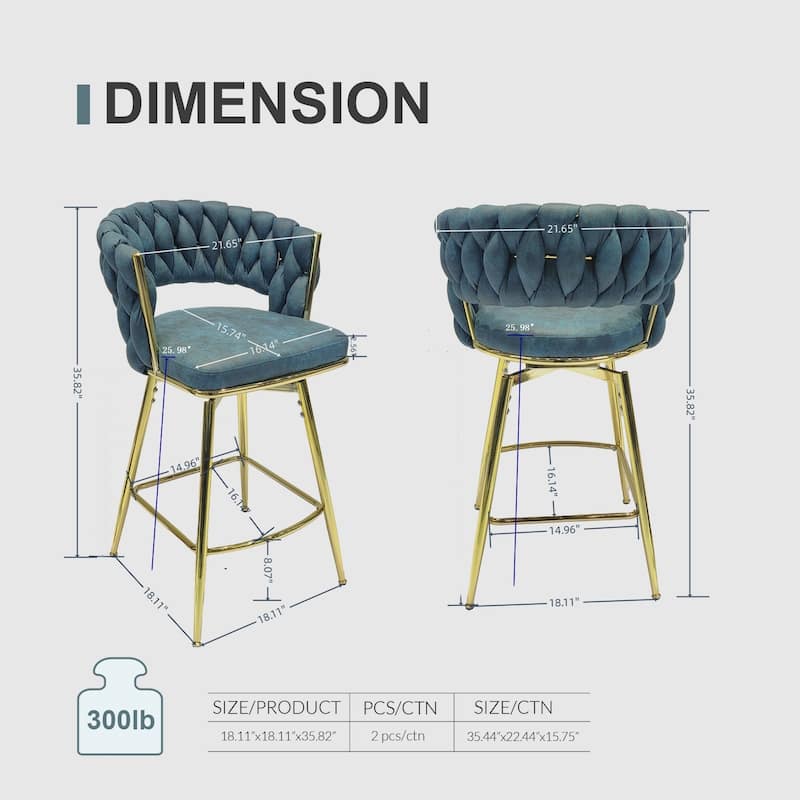 Upholstered Bar Chair Kitchen Island Chair Bar Chair Swivel Bar Stools Set of 2 with Back Footrest for Restaurants