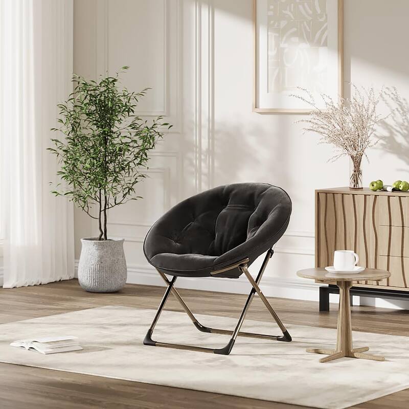 Comfy Folding Saucer Chair for Bedroom, Faux Fur Lounge Moon Chair with Sturdy Metal Frame, Oversized Plush Flower
