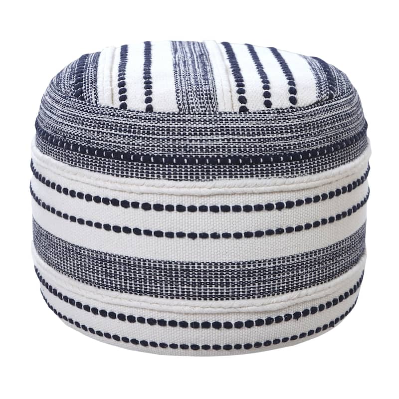 18" Navy and White Seaside Striped Handcrafted Round Pouf Ottoman