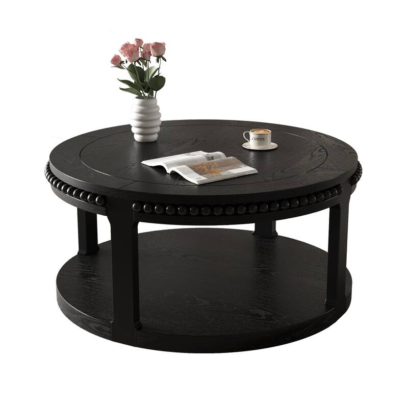 Roomfitters 31.5" Round Solid Wood Coffee Table, 2 Tier Thickened Center Table for Living Room