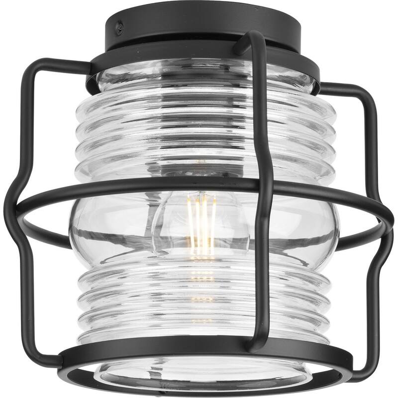 Keegan Collection One-Light Matte Black Clear Glass Coastal Outdoor Flush Mount Light - 9.75 in x 9.75 in x 8.65 in