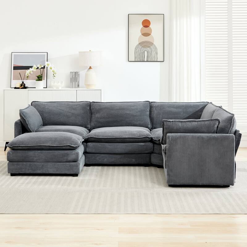 5-Seater Corduroy Sectional Sofa with a Removable Ottoman & Corner Seat, Soft & Comfortable - 4 Seats with 1 Ottoman