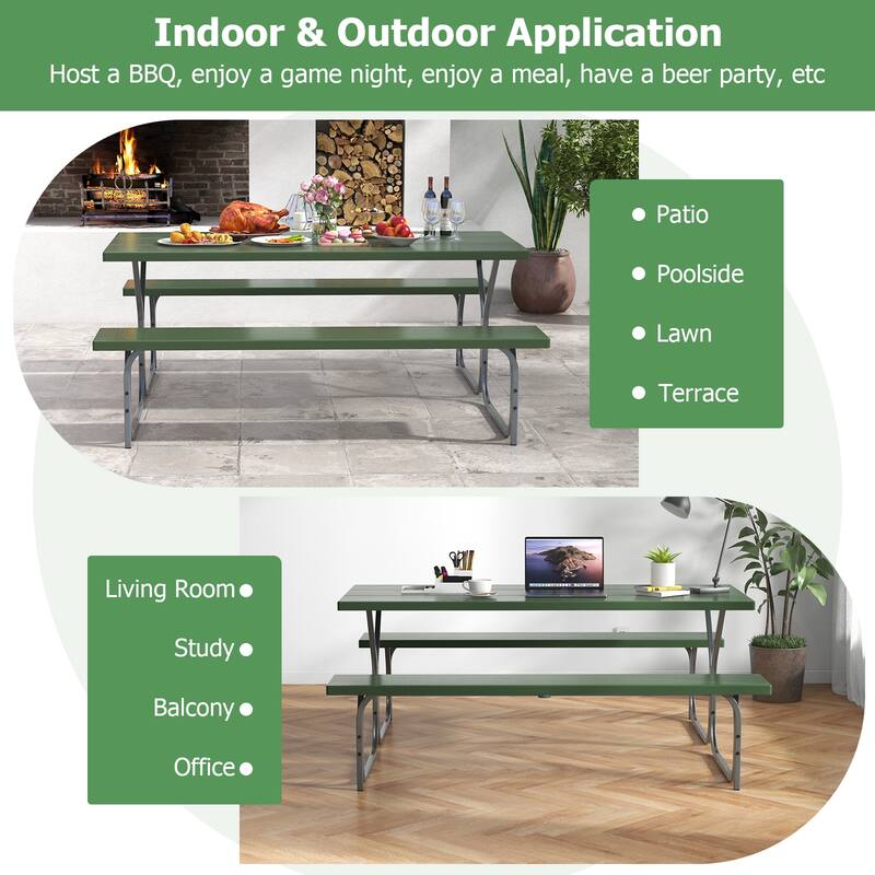 72 Inch 8-Person Outdoor Picnic Table and Bench Set with HDPE Wood-Texture Top and with Built-in Umbrella Hole