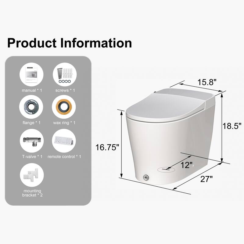 HOROW Elongated Smart Bidet Toilet in White with Auto Open Close Auto Flush Heated Seat and Remote Control - N/A